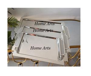 Ensemble de 3 plateaux de service en aluminium couleur argent pour le thé et le café de différentes tailles avec poignée en forme de fleur - Product Image 3