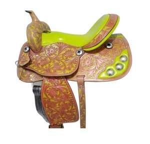 Venta caliente Western Saddle Floral Tooled Leather Green color DD Leather Designer Asiento acolchado Horse Riding Leather Tack Wholesale - Product Image 1