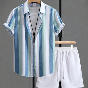 Conjunto de ropa de playa de verano para hombre con estilo, camisa de manga corta a rayas transpirable de secado rápido, pantalones cortos, logotipo de colores personalizable, águila azul - Product Image 1