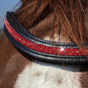 Banda de cuero con diseño clásico hecho a mano, accesorio negro acolchado con canal vacío, para cejas de caballo, incrustados con 2 filas, cristales de diamante rojo ostentosos - Product Image 6