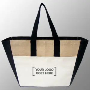 Tuval cep ve pamuk Web kolları ile jüt çanta özel Logo promosyon doğal ve siyah 100% çevre dostu çanta kabul