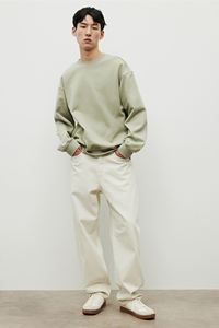 Sweat-shirt coupe ample pour homme en coton et poly, tissu fade, vert pistache, manches longues, col rond bordé de côtes, T-shirt à épaules tombantes - Product Image 4