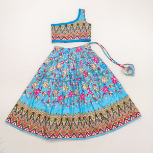 Lehenga Choli pour enfants à imprimé floral bleu entièrement cousu par Shoryam Fashion - Costume ethnique indien élégant à une épaule pour filles, tenue de fête - Product Image 2