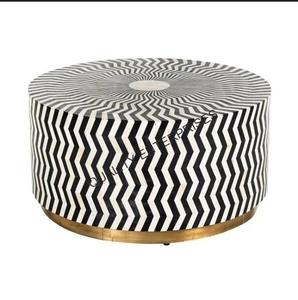 Mesa de Centro Redonda de Estilo Lujoso con Diseño Elegante Zig Zag, Incrustaciones de Hueso, Decoración Única para el Hogar, Mueble de Acento para Sala de Estar - Product Image 1