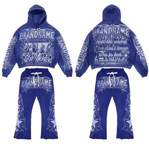 Conjunto de Sudadera con Capucha y Pantalones Deportivos Extra Grandes de Estilo Retro con Estampado de Letras y Lavado Ácido, 100% Algodón - Product Image 1