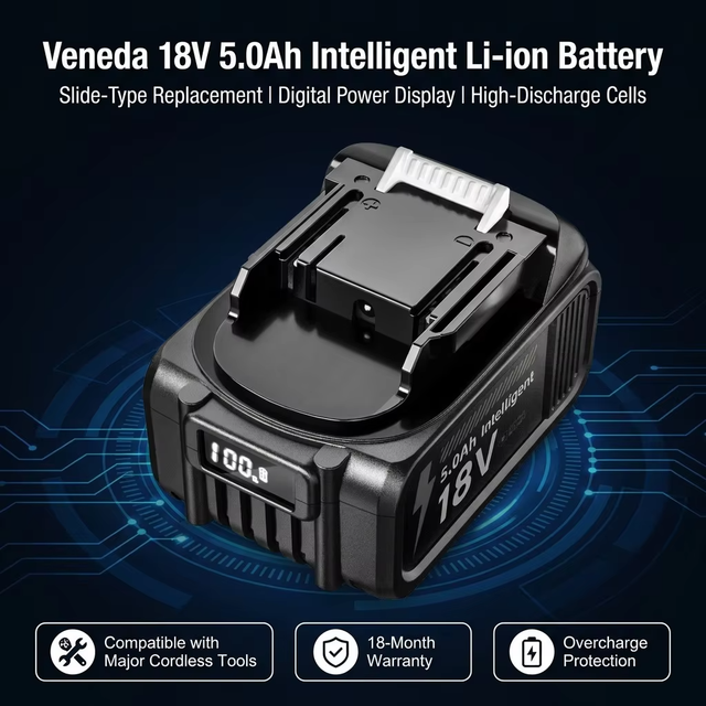 18V 5Ah Lithium Ion Battery Pack Rechargeable Power Tool Battery with Digital Display Indicator Slide Replacement Battery OEMODM