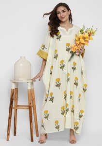 Vestido caftán con estampado floral Llamativo Manga tres cuartos Hasta el suelo Cintura natural Tela tejida ecológica - Product Image 2