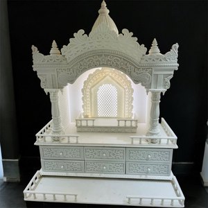 Templo casero de mármol blanco hecho a mano con intrincadas tallas de piedra religiosa y sistema de iluminación LED incorporado - Product Image 3