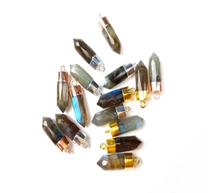 Vintage Style Labradorite Gemstone Pendant <b>Big</b> <b>Pencil</b> 20x7mm Rhodium & Gold Plated Stone Christian Religious Symbol - Product Image 2