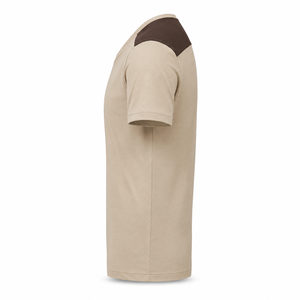 T-shirt en coton personnalisé à col en V avec empiècements marron foncé aux épaules, vêtements décontractés à manches courtes pour hommes, vente en gros - Product Image 5