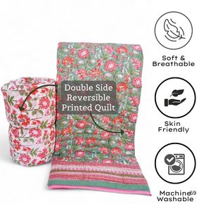 Juego de Edredón Hecho a Mano Tamaño King Premium Algodón Reversible Floral Jaipuri Block Print Ecológico Relleno para Todas las Estaciones - Product Image 4