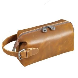 Sac de toilette en cuir véritable pliable de haute qualité pour homme, poignée souple, grande fermeture éclair, étui tendance, petite taille - Product Image 1