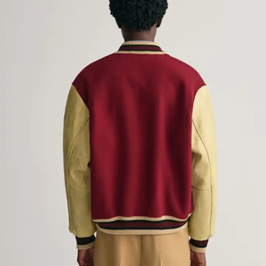 แจ็กเก็ตบอมเบอร์สำหรับทุกเพศแขนหนังแกะปักโลโก้ด้วยกำมะหยี่มีฮู้ดสไตล์เบสบอลทำจากโพลีเอสเตอร์สำหรับฤดูหนาว - Product Image 2