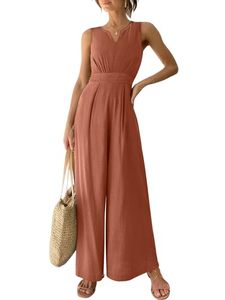 Women High Waist Sleeveless V-neck Chiffon Jumpsuit Solid Color Loose Full Length Casual Spring Summer Breathable Woven Dress - Product Image 1