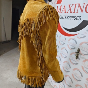 Venta caliente Unisex Suede cuero flecos lona Vintage motocicleta chaqueta hecha a mano borla impermeable - Product Image 6