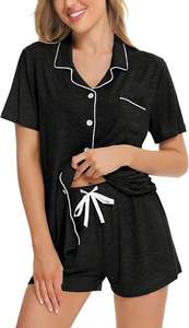 Pyjama boutonné à manches courtes pour femmes ensemble léger extensible mariée vêtements de nuit Sexy genou longueur salon ensembles motif solide - Product Image 3