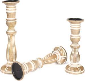 <b>Candle</b> <b>Holder</b> Set of 3, Tall White Antique <b>Pillar</b> <b>Candle</b> <b>Holders</b>, Rustic Farmhouse Decor, Brown <b>Wooden</b> <b>Candle</b> Stands for Home - Product Image 3