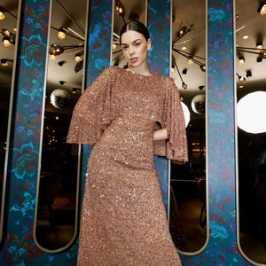 Robe maxi trapèze à devant perlé, design symétrique, col rond, fente latérale à la taille, antistatique, vêtements de soirée et de cocktail, respirante - Product Image 1