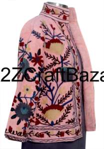 Women's Handmade Knitted Suzani Floral Embroidered Ruffles 100% Cotton Eco-Friendly Bomber Jacket Spring Winter Boho Indian - Product Image 4