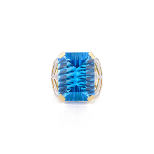 Diseño único Estilo clásico 18K Oro amarillo sólido Topacio azul genuino y anillo grueso de diamante Joyería hecha a mano - Product Image 1