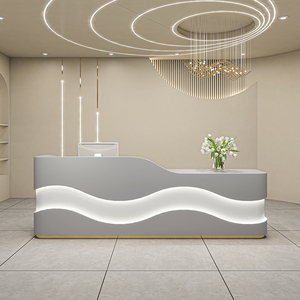 Modern Glossy White <b>Reception</b> Desk With LED Light Minimalist Design Commercial Front <b>Counter</b> Table Luxury MDF Receptionist - Product Image 3