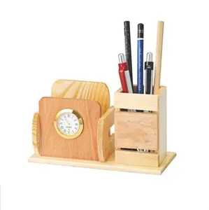 Pen holder containers offices wooden stand with watch excellent quality household living room decorative wood pen holder