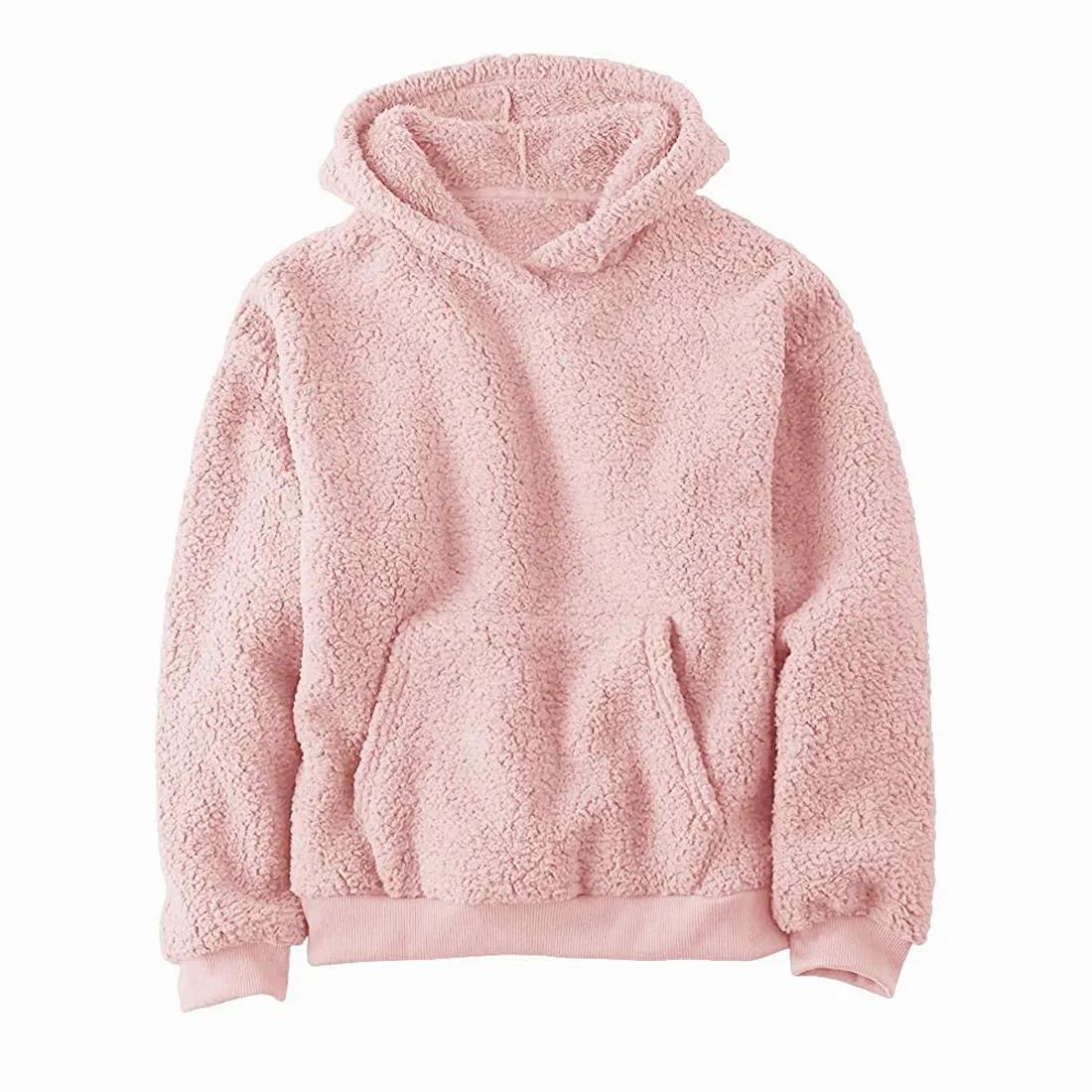 Bergaya Pullover Sherpa hoodie untuk pria ukuran besar warna merah muda saku kanguru pakaian musim dingin kaus