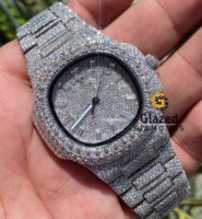 Montre-bracelet analogique de luxe Hip Hop avec diamants Moissanite, cadran en verre, bracelet en acier inoxydable, mouvement ETA pour hommes