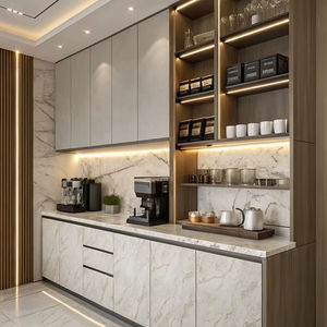 Comptoir à café moderne, design de cuisine avec étagères en bois, finition marbre, rangement intelligent et style contemporain élégant - Product Image 3