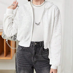 Vente flash : sweat à capuche en strass pour femmes, sweat à capuche court, sweat à capuche personnalisé de qualité en molleton de coton, sweat à capuche zippé court, strass - Product Image 5