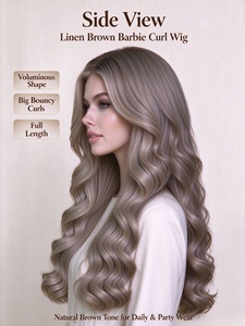 Parrucca in lino marrone con riccioli <span class=keywords><strong>Barbie</strong></span>, lunga e ondulata, in capelli sintetici, con corona alta e attaccatura naturale, per uso quotidiano - Product Image 2