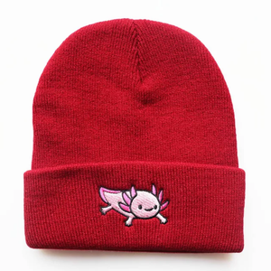 Gorro de gofre rojo con letras bordadas y logotipo personalizado para mujer, gorros deportivos de invierno plegados acrílicos a la moda, gorro de punto en blanco con calavera - Product Image 3
