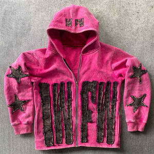 Unisex Heavyweight Distressed Embroidery Cut Sew Zipper Vintage Patch Hoodie Custom Logo <b>Men's</b> Acid Oversized Clothing - Product Image 4