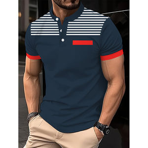 Polo informal de verano 2025 para hombre, camiseta a juego de colores de nuevo diseño, cuello corto a rayas, manga corta, pecho estampado - Product Image 1