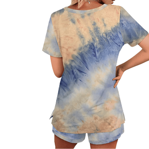 Conjunto de Camiseta y Pantalones Cortos Casuales de Verano para Mujer, Personalizado, Ligero, de Punto, Cuello en V, Tie Dye, Manga Corta - Product Image 3