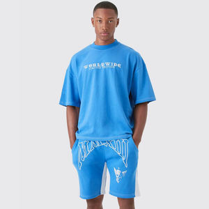 Ensemble T-shirt et short brodés surdimensionné Boxy au point contrasté vêtements pour hommes ensemble jumeau d'été ensemble d'entraînement de gymnastique assorti de haute qualité - Product Image 1