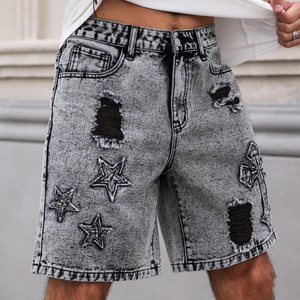กางเกงยีนส์ขาตรงขาสั้นสีเทาดำสำหรับผู้ชายกางเกงยีนส์ขาตรงลายดาวแบบไขว้สุดอินเทรนด์กางเกงขาสั้นแฟชั่นสำหรับวัยรุ่นฤดูร้อน - Product Image 5