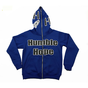 Sudadera con capucha azul con cremallera completa con estampado de soplo, sudadera de gran tamaño con lavado ácido negro de Hip Hop personalizado para Material de tela de invierno - Product Image 1