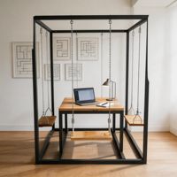 Ensemble de table à manger avec balançoire d'extérieur pour 4 personnes, structure en métal avec plateau en bois massif et chaises suspendues pour patio, café et jardin