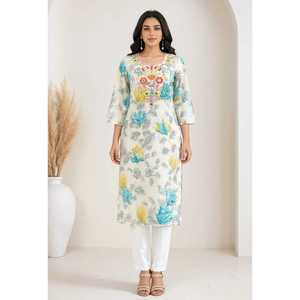 Tunique décontractée de printemps en coton tissé blanc à imprimé floral, respirante, avec broderie, pour femme, par Rama's Jewel, col ras du cou et taille ample - Product Image 1