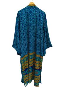 Salon porter été Kimono cheville longueur soie Robe Multi couleur Robe vêtements de nuit Robe indien Vintage soie recyclée Sari Kimono, - Product Image 5
