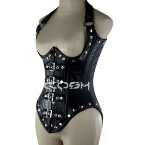 Corset gothique noir en cuir avec baleines en acier et bretelles – Vente en gros - Product Image 5