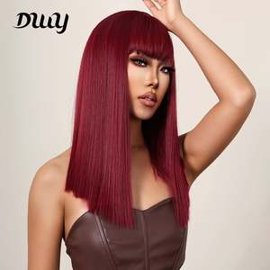 Camila-DWY Burgundy Layered Synthetic <b>Wig</b> 30-32 Inches Middle Length Transparent Lace Bangs High Quality Heat Resistant Fiber - Product Image 2