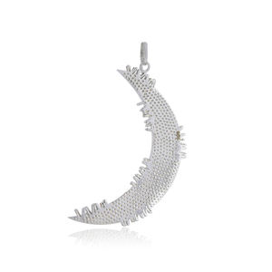 Sterling 925 Silver Pave Diamond Handmade Big Crescent <b>Moon</b> Baguette Diamond Fine Jewelry Wholesale - Product Image 2