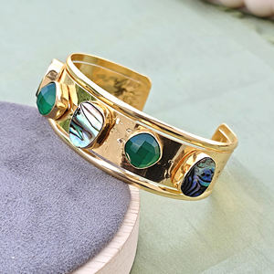 <b>Chunky</b> statement jewelry natural abalone shell with green onyx open cuff <b>bracelet</b> 18k <b>gold</b> plated wide band adjustable <b>bracelet</b> - Product Image 5