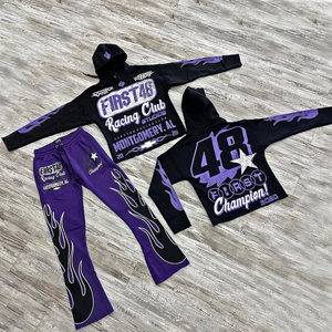 Ensemble de survêtement unisexe de haute qualité avec impression d'écran personnalisée, logo, sweat-shirt à ourlet brut et pantalon de survêtement évasé pour hommes et femmes - Product Image 2