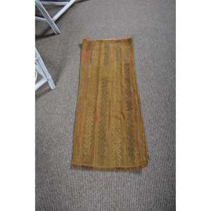 Vintage Turkish Rug, 1.2x2.9 ft Small Rug, <b>Brown</b> Green Abstract <b>Wool</b> Rug - Product Image 1