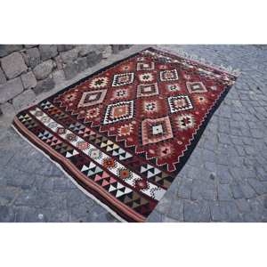 พรมสไตล์ตุรกีโบราณดีไซน์ปะต่อสีแดงสีดำ5.6x9.4ft สไตล์คลาสสิกทำด้วยมือผ้าขนสัตว์ทำมือสไตล์คลาสสิก - Product Image 2