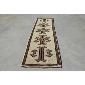 Vintage <b>Runner</b> <b>Rug</b> 3x11 ft (91x336 cm), Herki Brown Polka dot Turkish <b>Rug</b> - Product Image 1