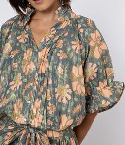 Robe chemise trapèze en coton SRJ EXPORTS, imprimé floral fait main, col en V, longueur mi-mollet, ceinture à la taille, finition métallique brillante, décontractée, sexy, grandes tailles - Product Image 3